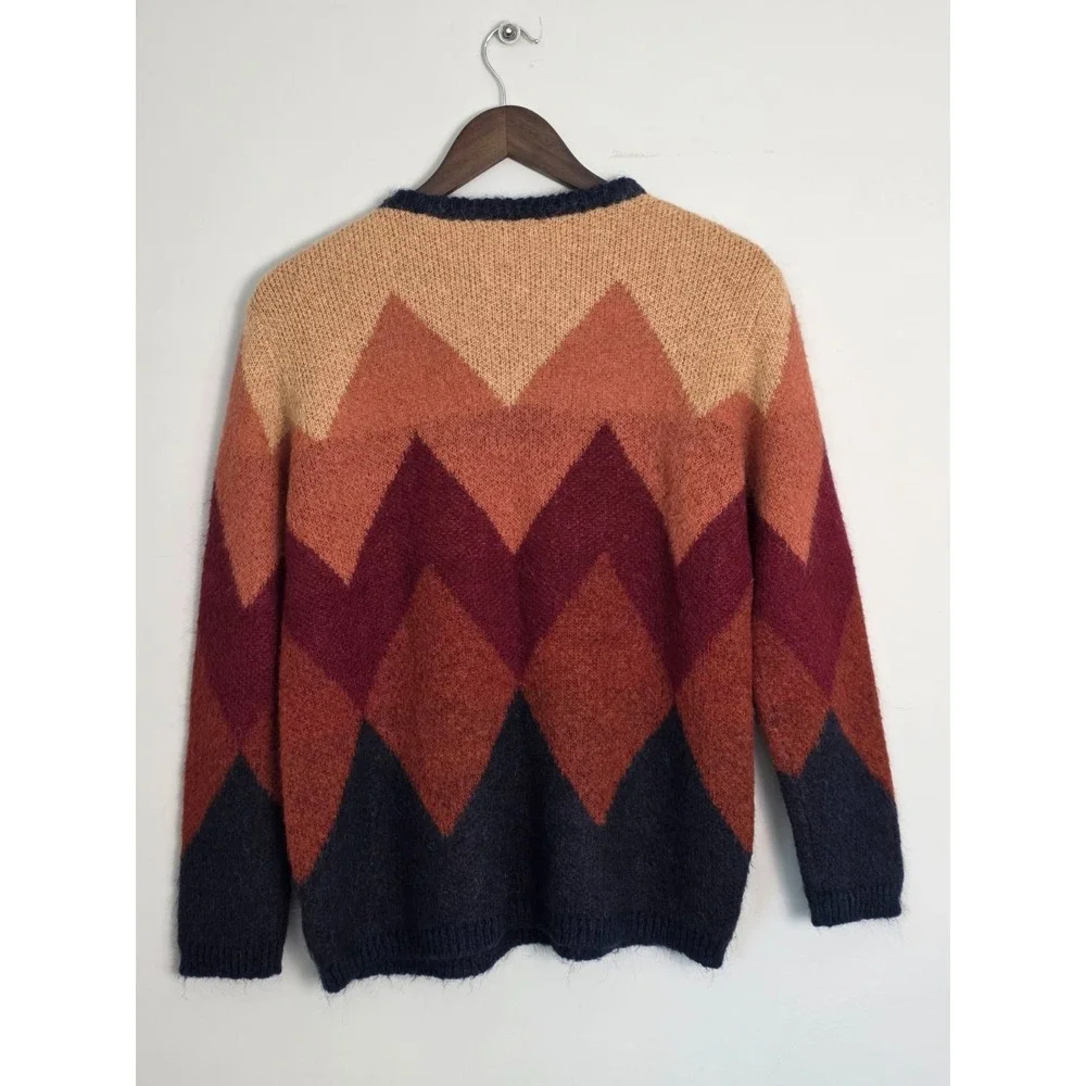 Gemelli Sweater Size‎ S Italian Mohair Brown Blue Red Chevron Pattern Crewneck